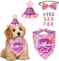 Dog Birthday Hat Bandana Set, Blue Plaid Boy Dog Bandana - Small / Pink Violet Girl