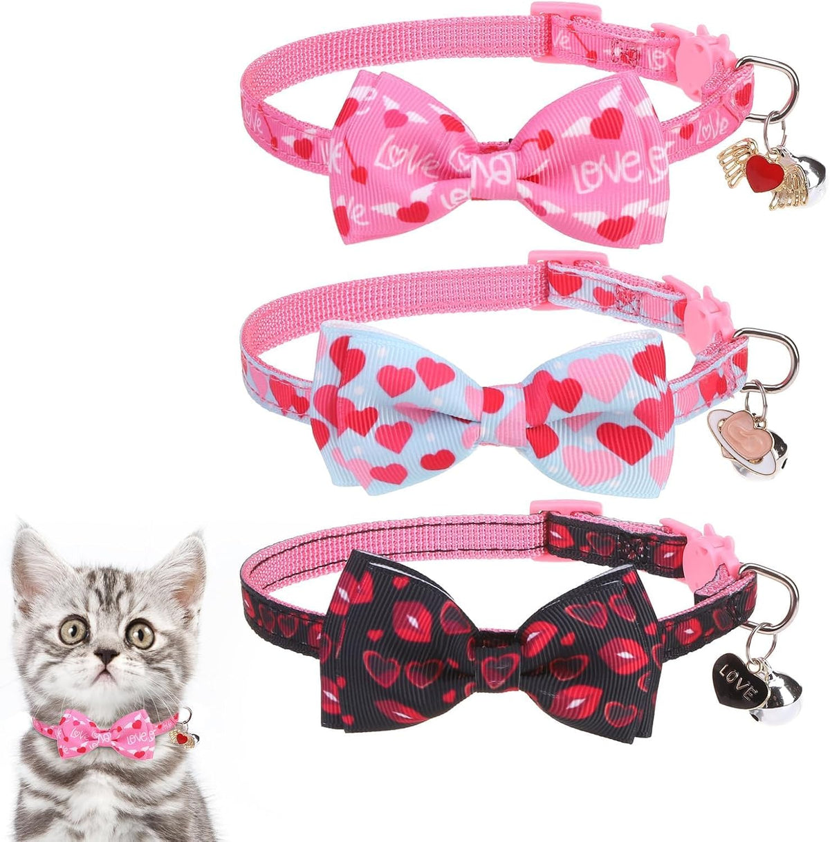 Halloween Cat Collar Breakaway with Bowtie and Bells - Pink+Blue+Black