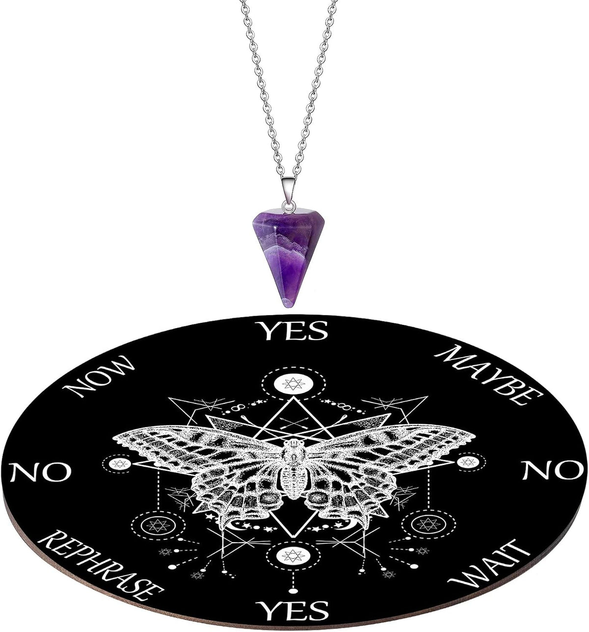 Blulu Pendulum and Board Wooden Dowsing Set Crystal Necklace Wiccan - Black