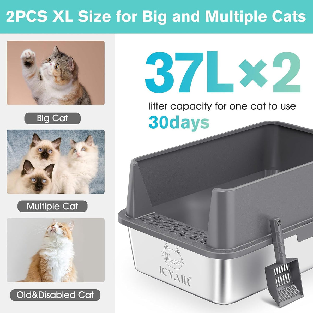 2PACK Stainless Steel Cat Litter Box with High Sides Lid - 2PK-Dark Grey - image 2