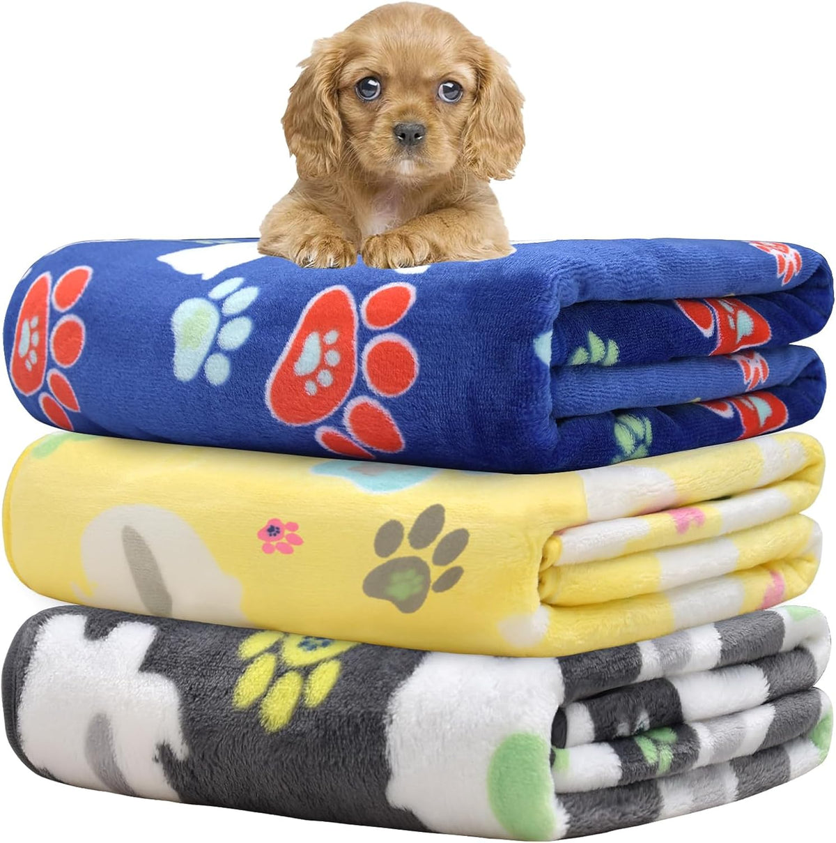Rezutan Blanket for Large Dogs & Cats Soft Reversible Cute Paw 40"x31" – Essentials for Dogs - Grey/Blue/Yellow / Small,23x16Inch
