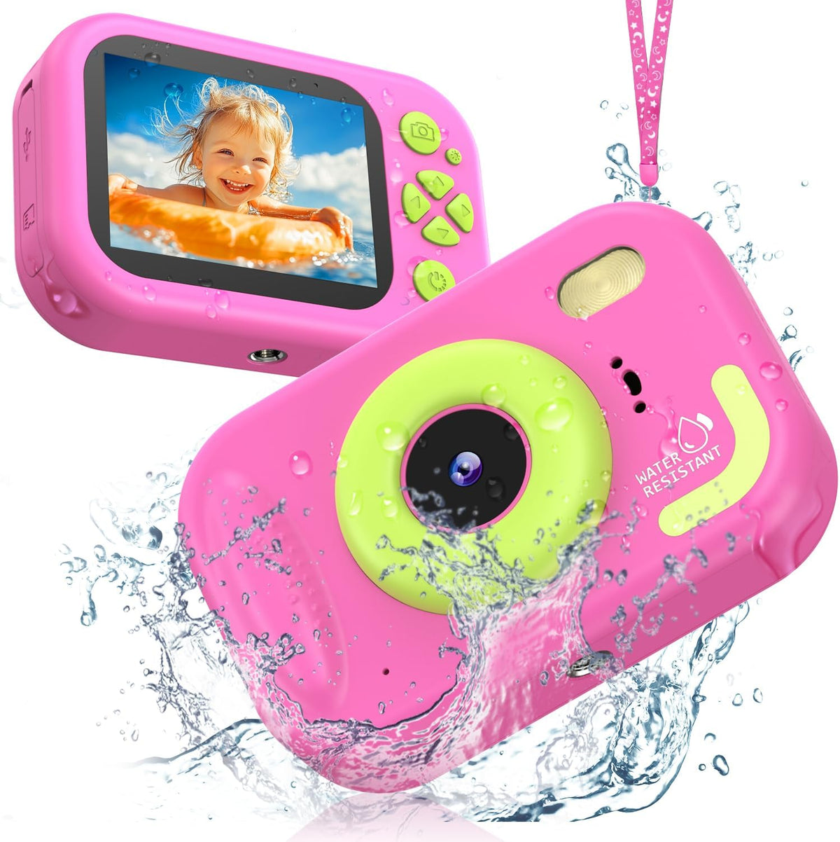 Usteetic pink waterproof kids camera with IP68 rating and lanyard - view 2