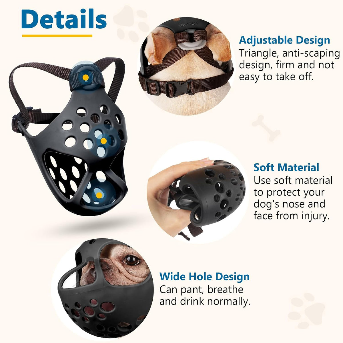 English Bulldog Muzzle, Soft Short Snout Dog Muzzle Stops Biting – Essentials for Dogs - Black / M（Head 15-16½"） - image 4