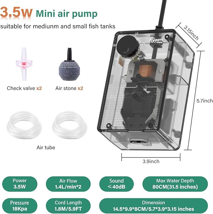 hygger See-Through Air Pump for Aquarium: Adjustable Oxygen Pump，Silent Powerful Aerator Pump 3.5W 2 Air Outlets Ultra Silent for Large Medium Fish Tank,Hydroponic Systerm, Household Commercial Use