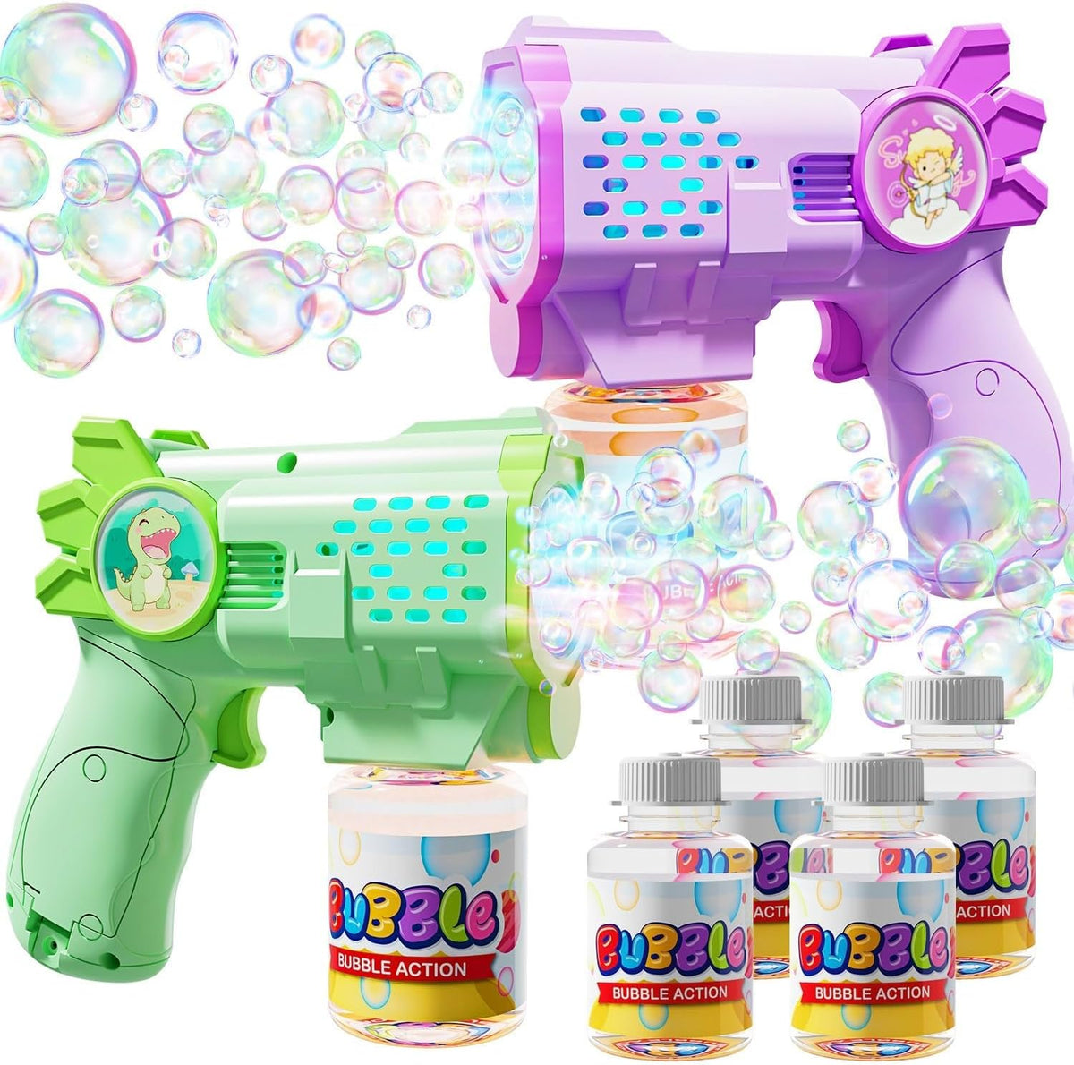 EagleStone 2 Packs Automatic Bubble Machine Guns with 4 Bottles - Green, Purple