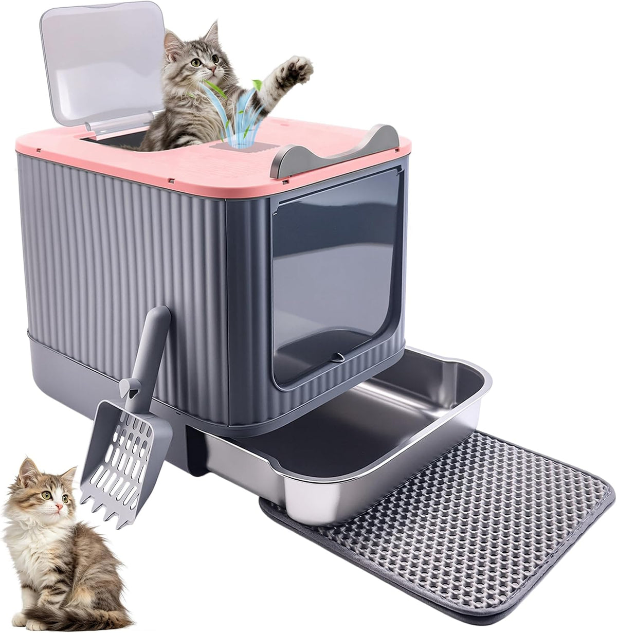 Stainless Steel Cat Litter Box Enclosed, Dual Entry - Pink