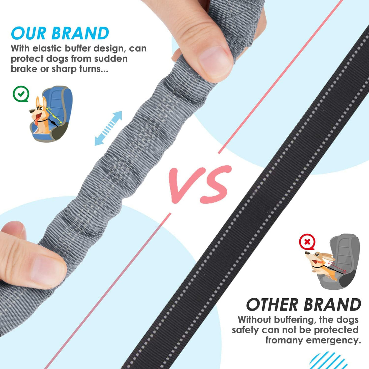 SlowTon Double Dog Seat Belt for Car with Elastic Bungee Buffer - G.Grey / 2 Medium in 1 - image 4