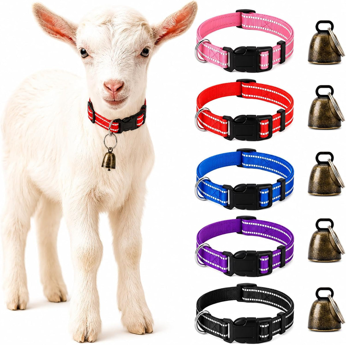5 Pack Reflective Goat Collars with Bells, Anti-Lost Pet Collar - Black+Red+Pink+Deep Blue+Purple