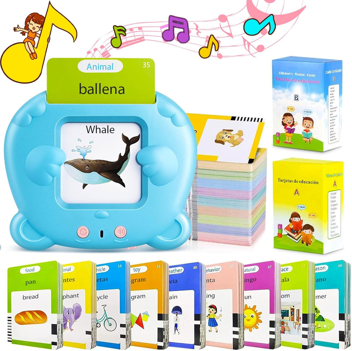 Spanish & English Talking Flash Cards for Toddler - Blue / 510 Words Spanish & English (ABC+123+3 Songs)