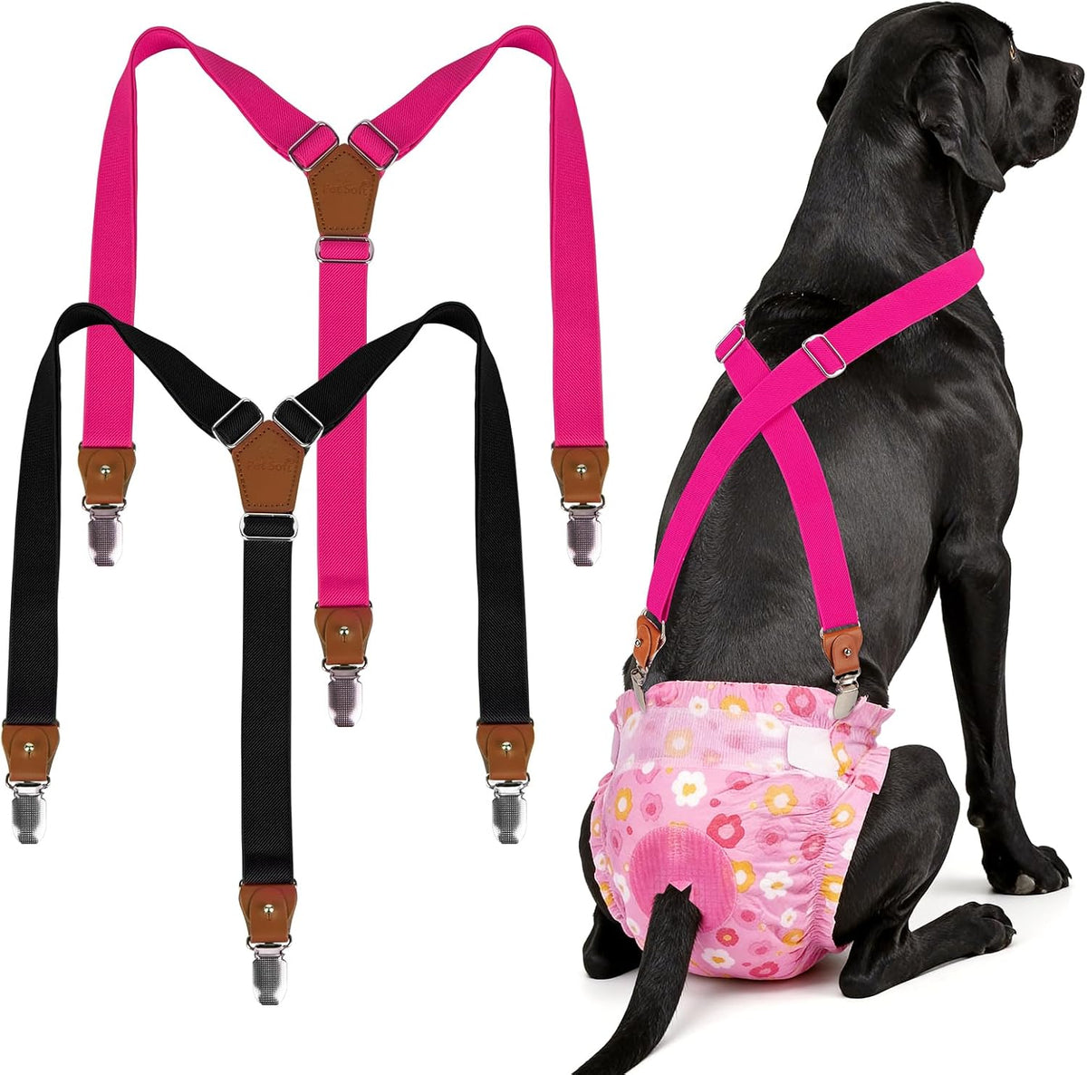 Pet Soft Dog Suspenders 2 Pieces Female Dog Diaper Suspenders - Black & Pink / Medium/Large