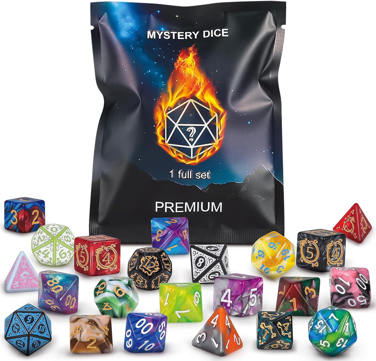 QMAY Mystery Dice Set – 7 Pcs Acrylic Polyhedral Dice + 1 Pcs Velvet Bag – Fun for Kids & Family - 1 bag Mystery Dice