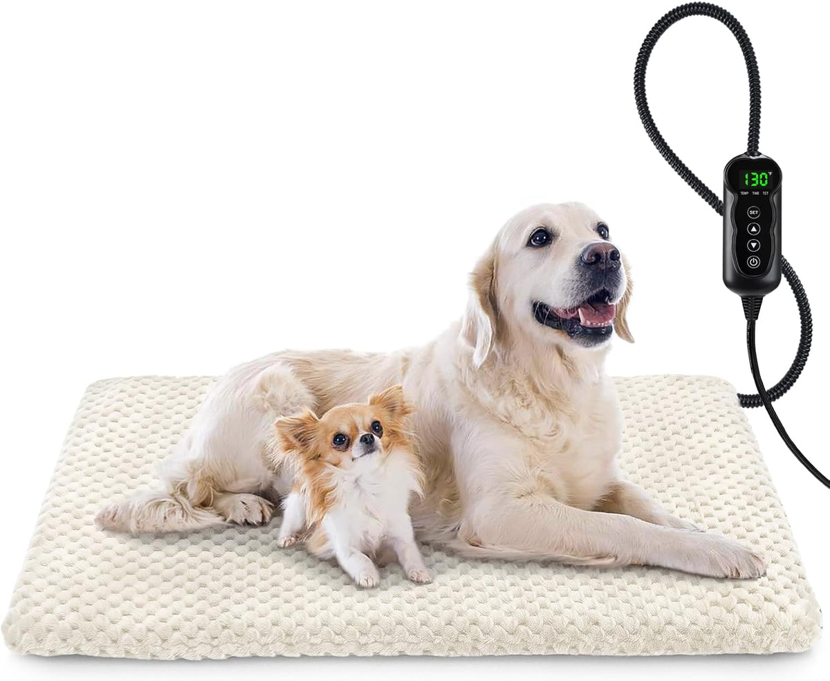 Heated Dog Bed, Waterproof Adjustable Temperature Dog Cat Heating Pad with Timer, Indoor Pet - L: 35" x 24" / Beige
