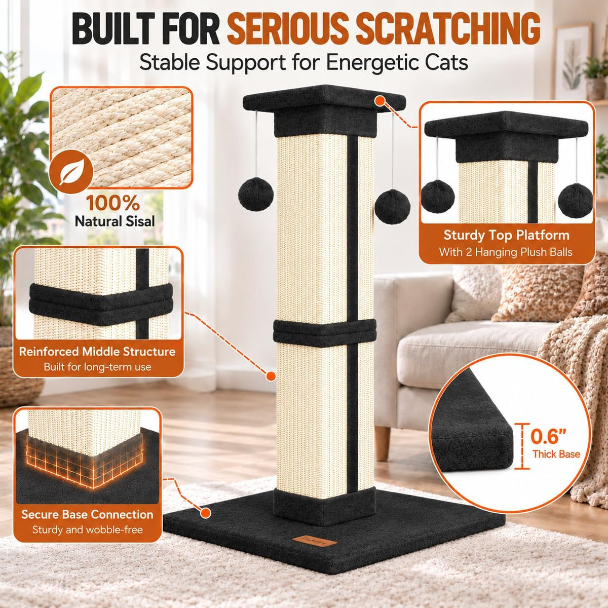Cat Scratching Post 33 Inch for Indoor Cats - Black - image 3