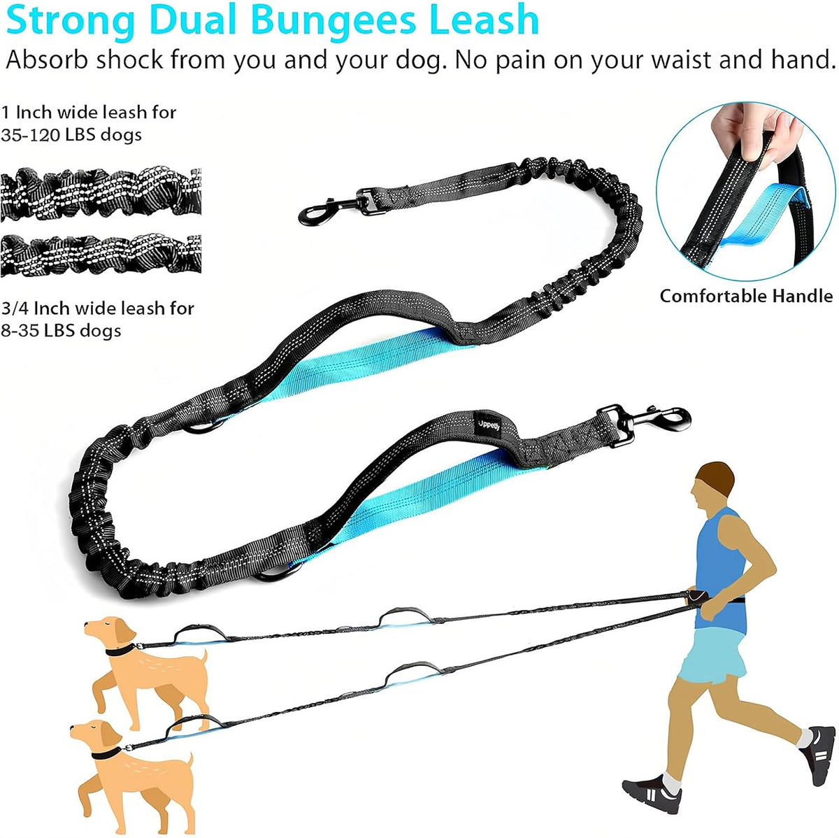 Uppetly Hands Free Dog Running Leash with Waist Belt - 2 dogs/Blue / Large - image 4
