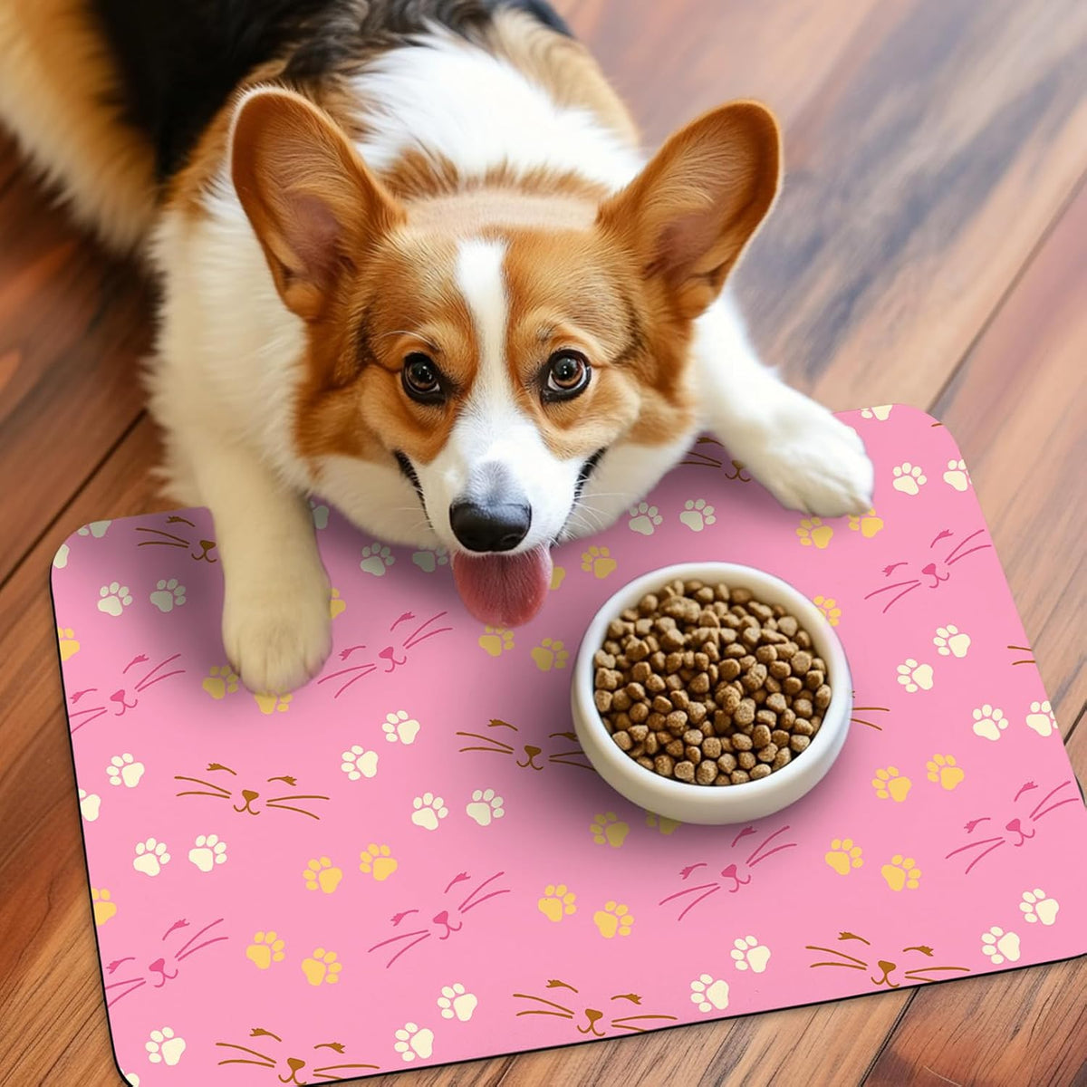 Patterned Cat & Dog Bowl Mat for Food and Water - Small (12" x 20") / Pink-catpaw - image 2