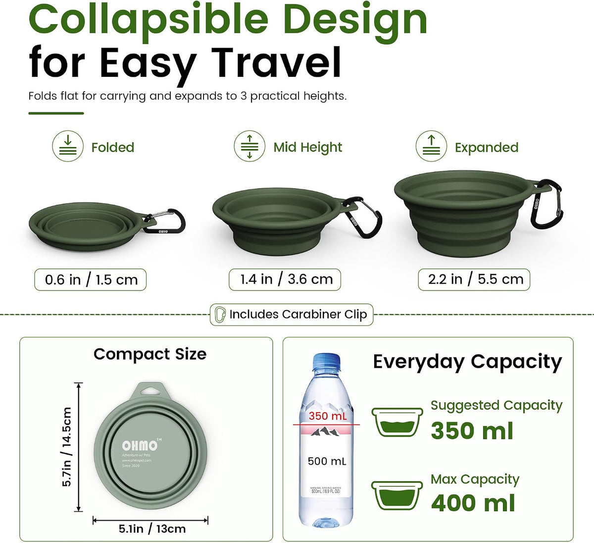 OHMO Collapsible Dog Bowls for Pet Travel, Coral&Brick Red - 2x12oz / Camo&Sage Green - image 3