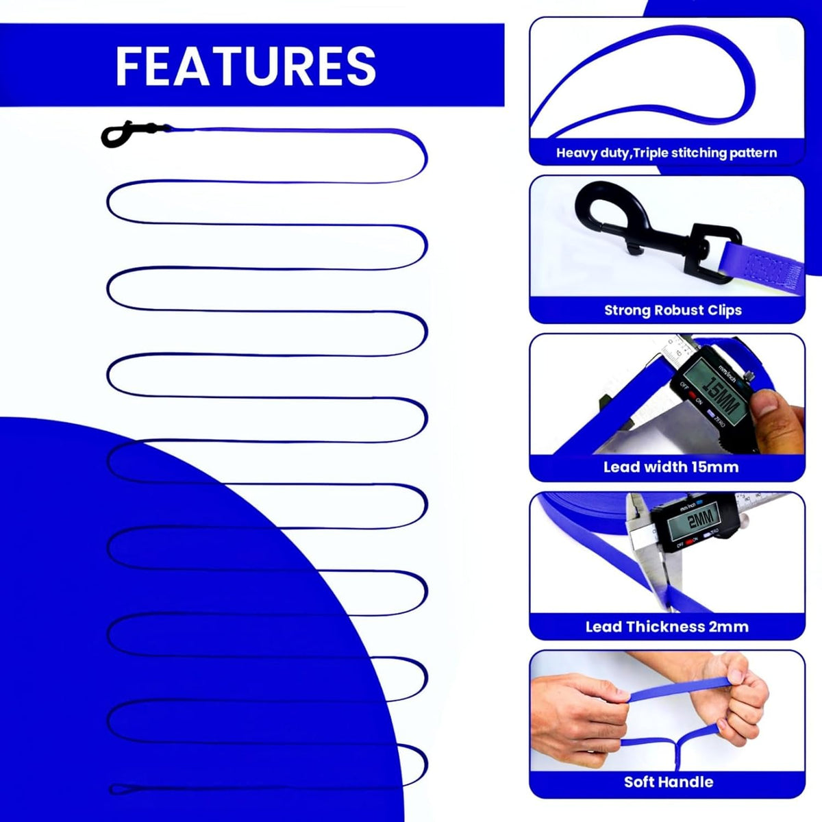 Waterproof Long Line Dog Training Leash, PVC-Coated - Blue / 16ft - image 3