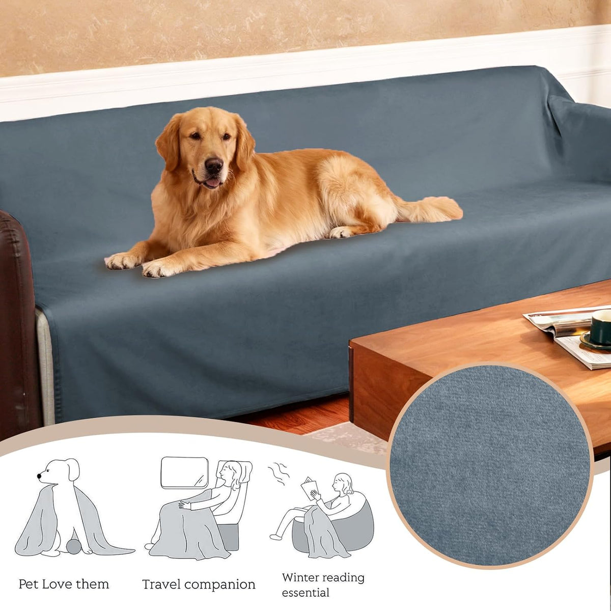 Ameritex Pet Bed Blanket Reversible 100% Waterproof Velvet Super Soft - 68x82 Inches / Blue+darkgrey - image 3