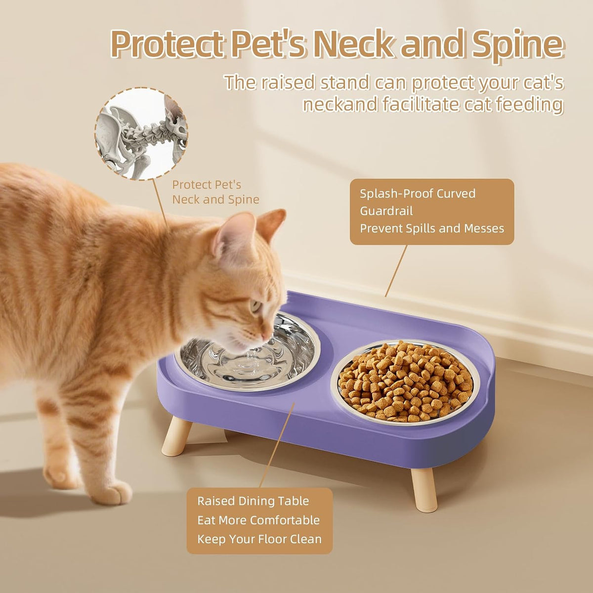 Elevated Cat Bowl, Raised Cat Food and Water Bowl Set for Indoor Cats, Splash Proof with 2 - Cat Bowls-Purple - image 2