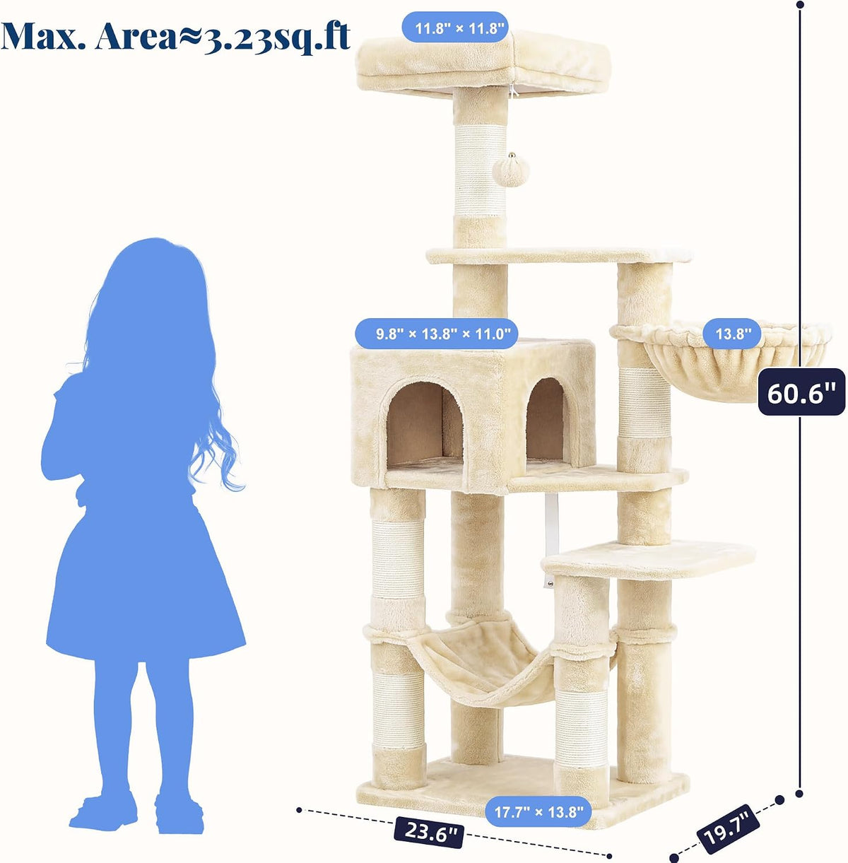 Hey-brother Cat Tree, Multi-Level Sisal Covered Scratching Posts - Beige / 60.6 Inches - image 2