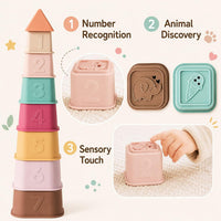 Baby Stacking Cups Toy, Silicone Stacking Tower Educational Baby Toys 6M+, Soft Teething Building - Vintage - image 3
