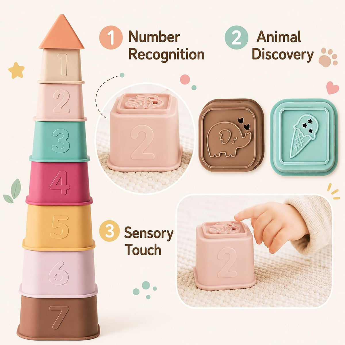 Baby Stacking Cups Toy, Silicone Stacking Tower Educational Baby Toys 6M+, Soft Teething Building - Vintage - image 3