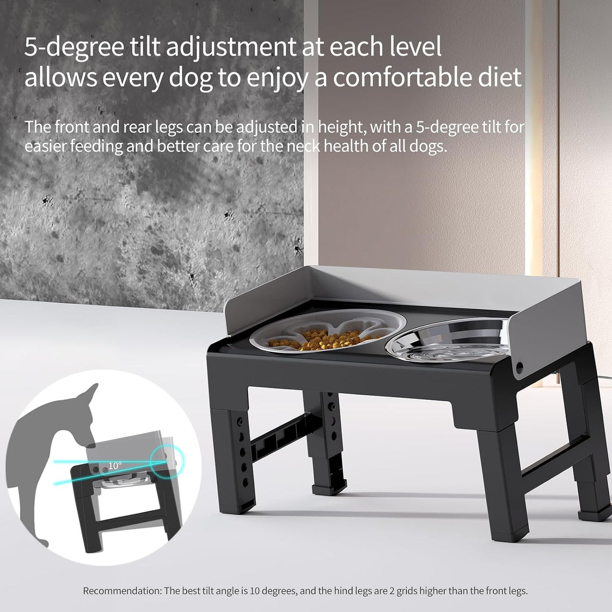 Elevated Dog Bowls for Medium and Large Dogs - 1 Slow Feeder Bowl + 1 Stainless Steel Bowl / Grey - image 2