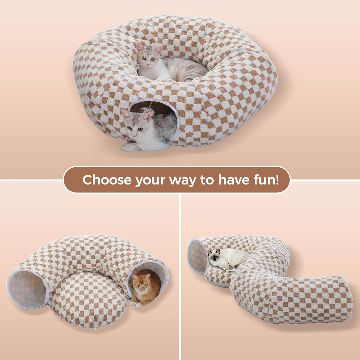 PEQULTI Beige Donut Cat Tunnel Bed Washable Plush Mat Multi for Small - Brown - image 3