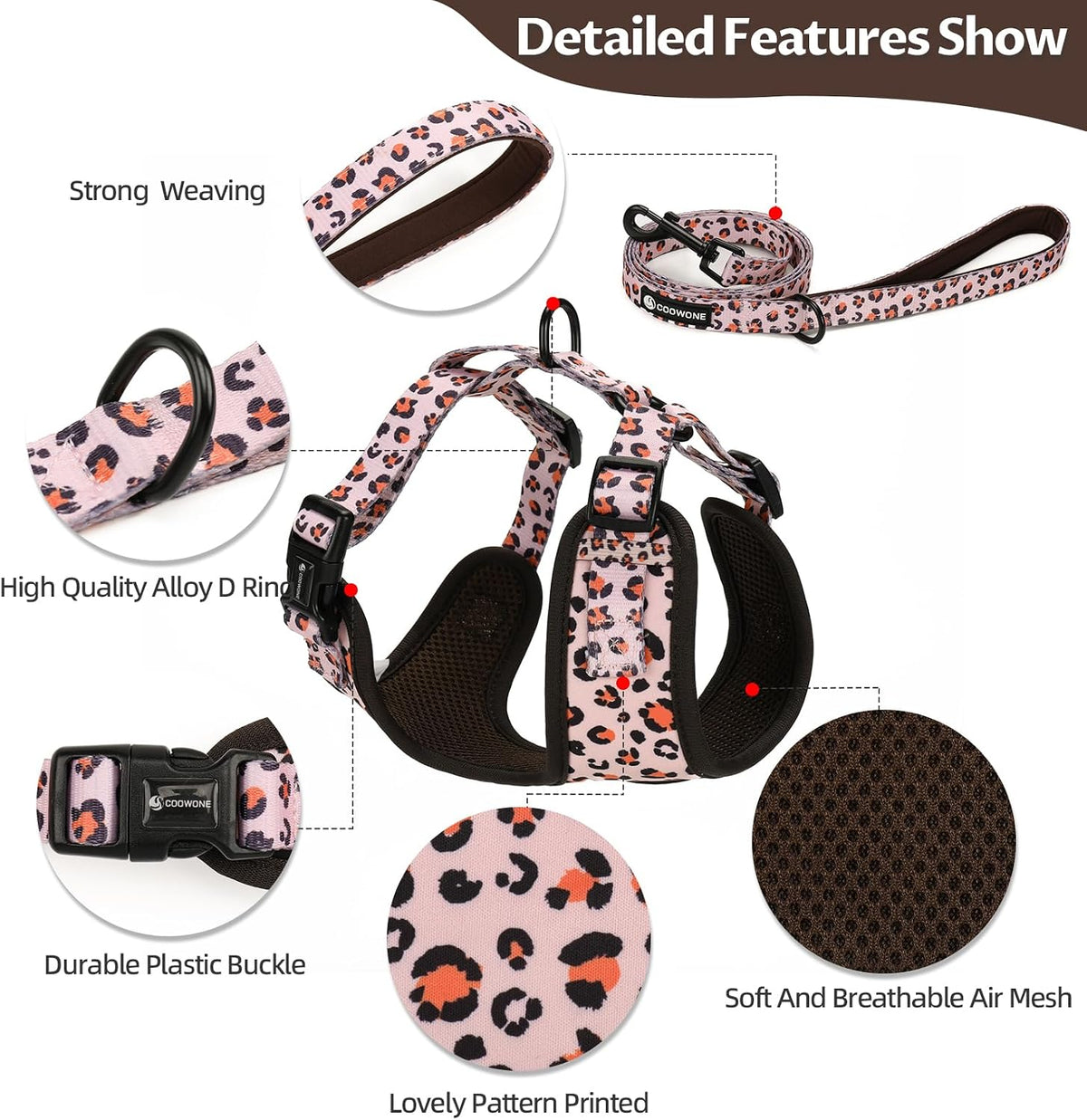 Dog Harness and Leash Set, Adjustable Dog Harness, Dog Leash - Pink Leopard / M(Chest 15.7 - 22.1", Neck 12 - 15") - image 4