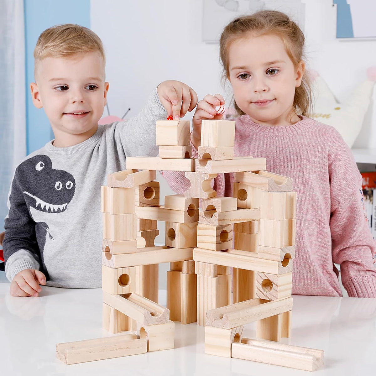 Migargle wooden marble run for kids, 80 piece pine track maze with glass marbles - view 6