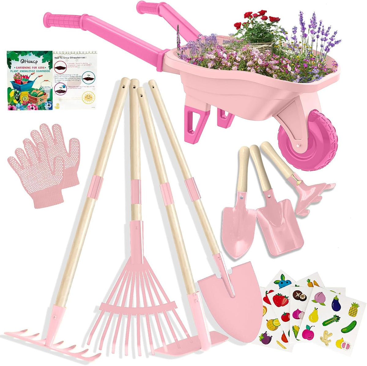 Qtioucp Kids Gardening Set with Wheelbarrow - Pink