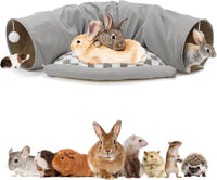 Bunny Tunnel Bed, 2-in-1 Collapsible Rabbit Tunnel Hideout with Mat – Essentials for Small Pets - Gray