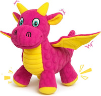 Squeaky Dog Toy, Plush Dragon with 5 Squeakers and Crinkle Wings - Pink