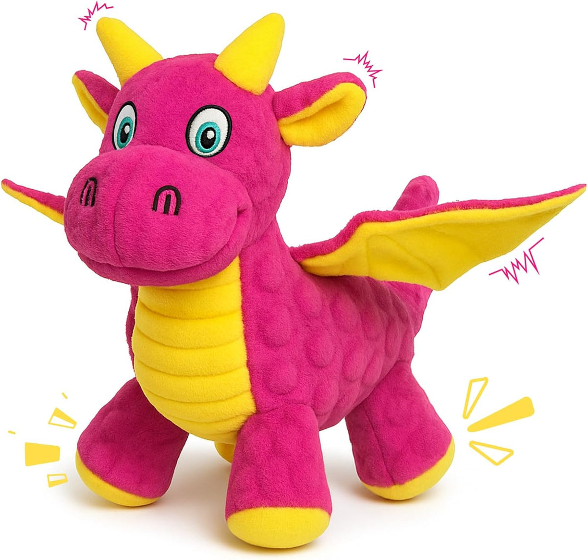 Squeaky Dog Toy, Plush Dragon with 5 Squeakers and Crinkle Wings - Pink