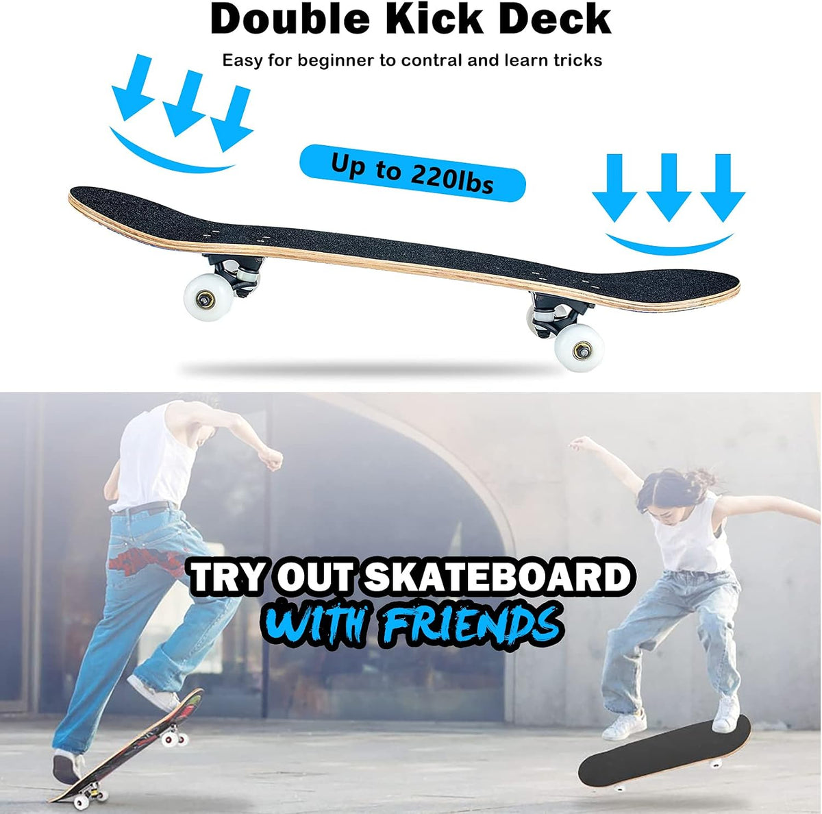 Skateboard,31 x 8 Inch Complete Skateboard, 8-Layer Maple Wood Deck Double Kick Standard - Blue - image 3