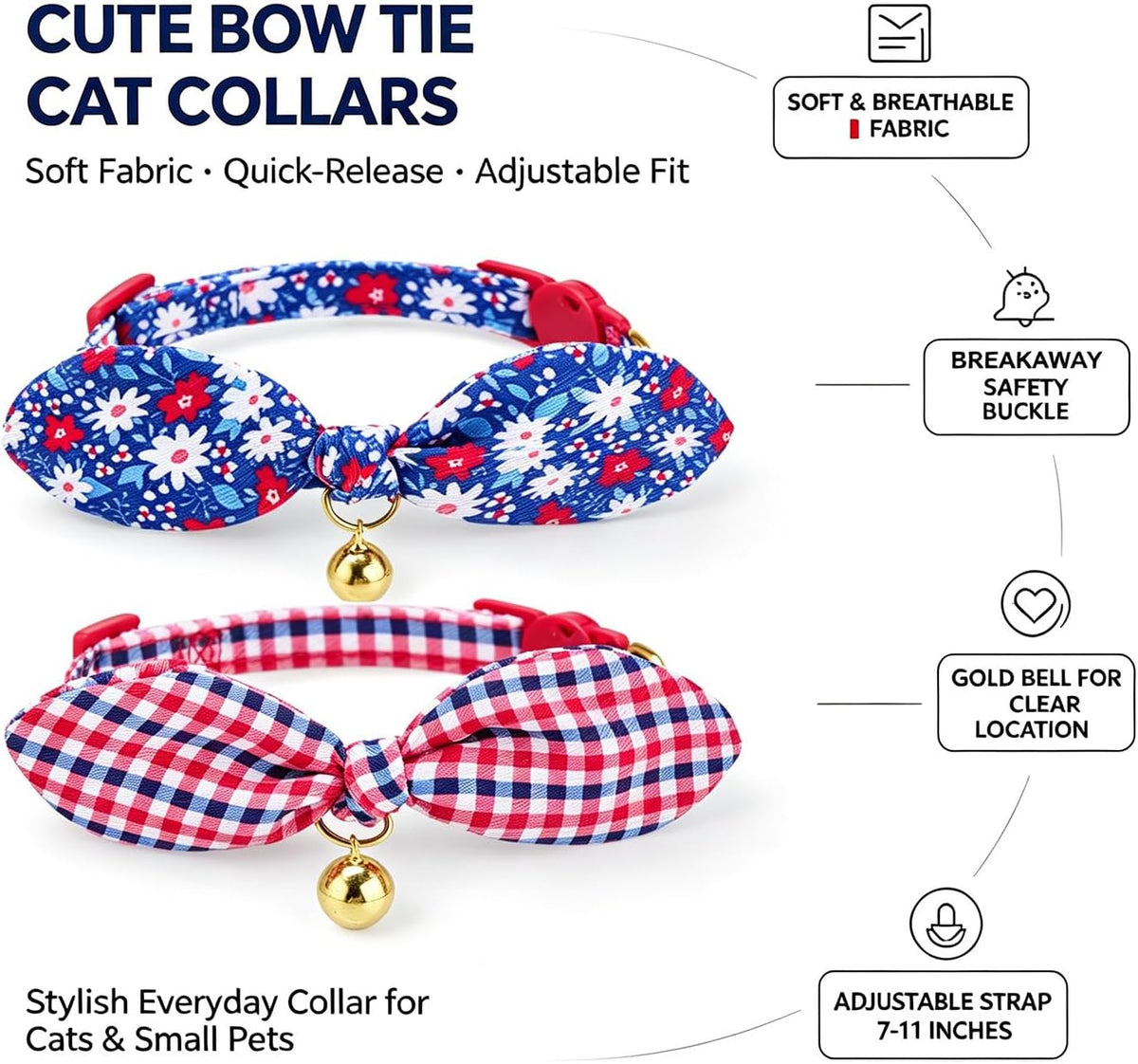 Cotton Bowtie Cat Collar with Bell 2 Pack Adjustable Breakaway Kitten - Red Blue Set / 7.5-11.4 Inch (Pack of 2) - image 2