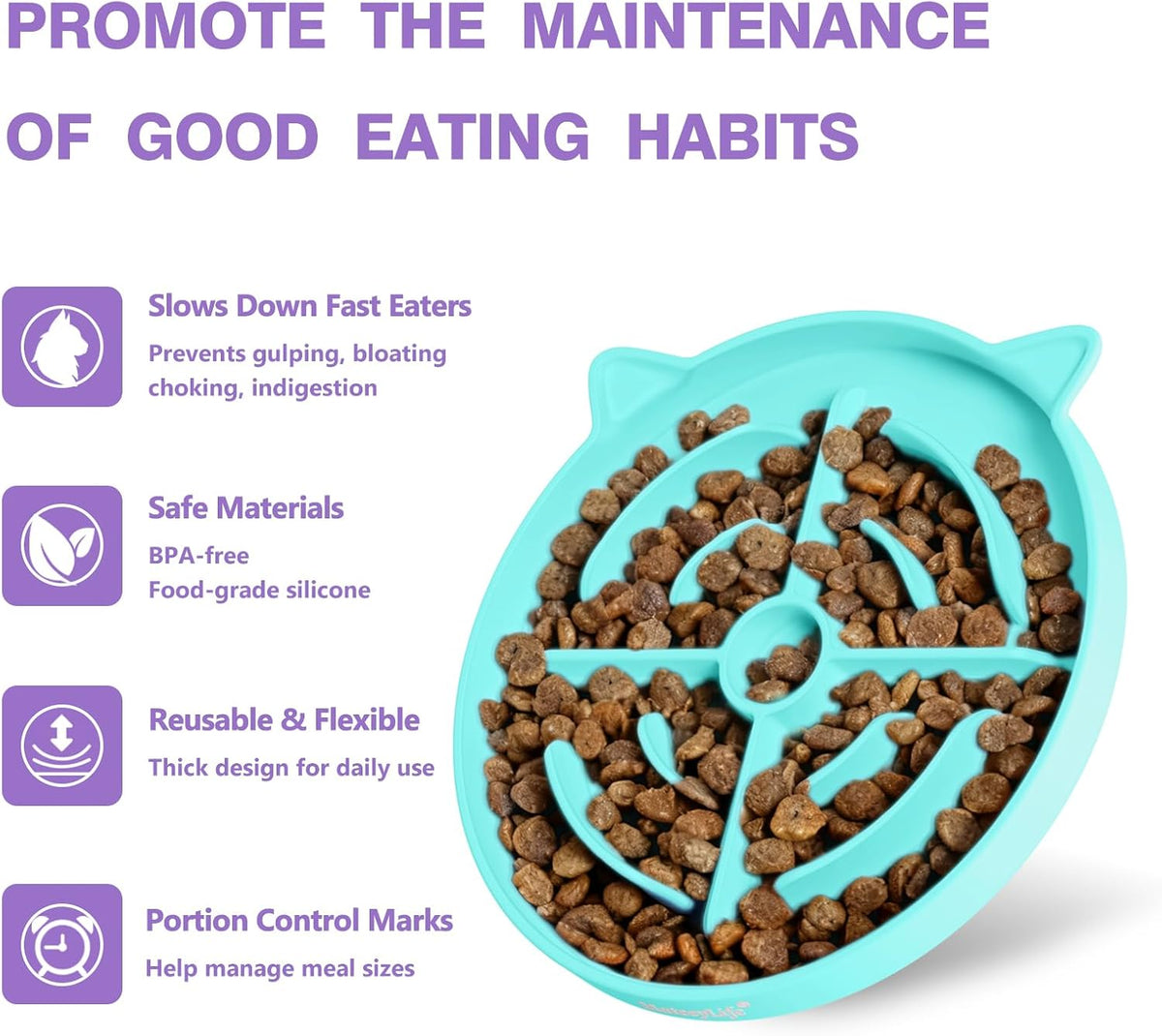 MateeyLife Slow Feeder Cat Bowl, Non-Slip Silicone Cat Dish - Purple + Cyan - image 2