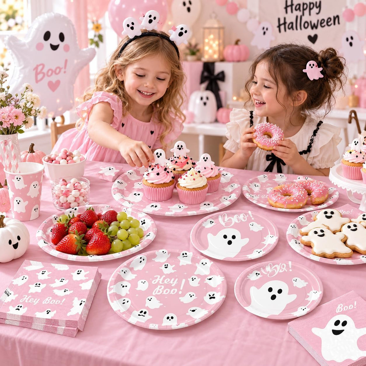 yunhuatdm 180 piece cute ghost Halloween plates and napkins set, black and white - view 13