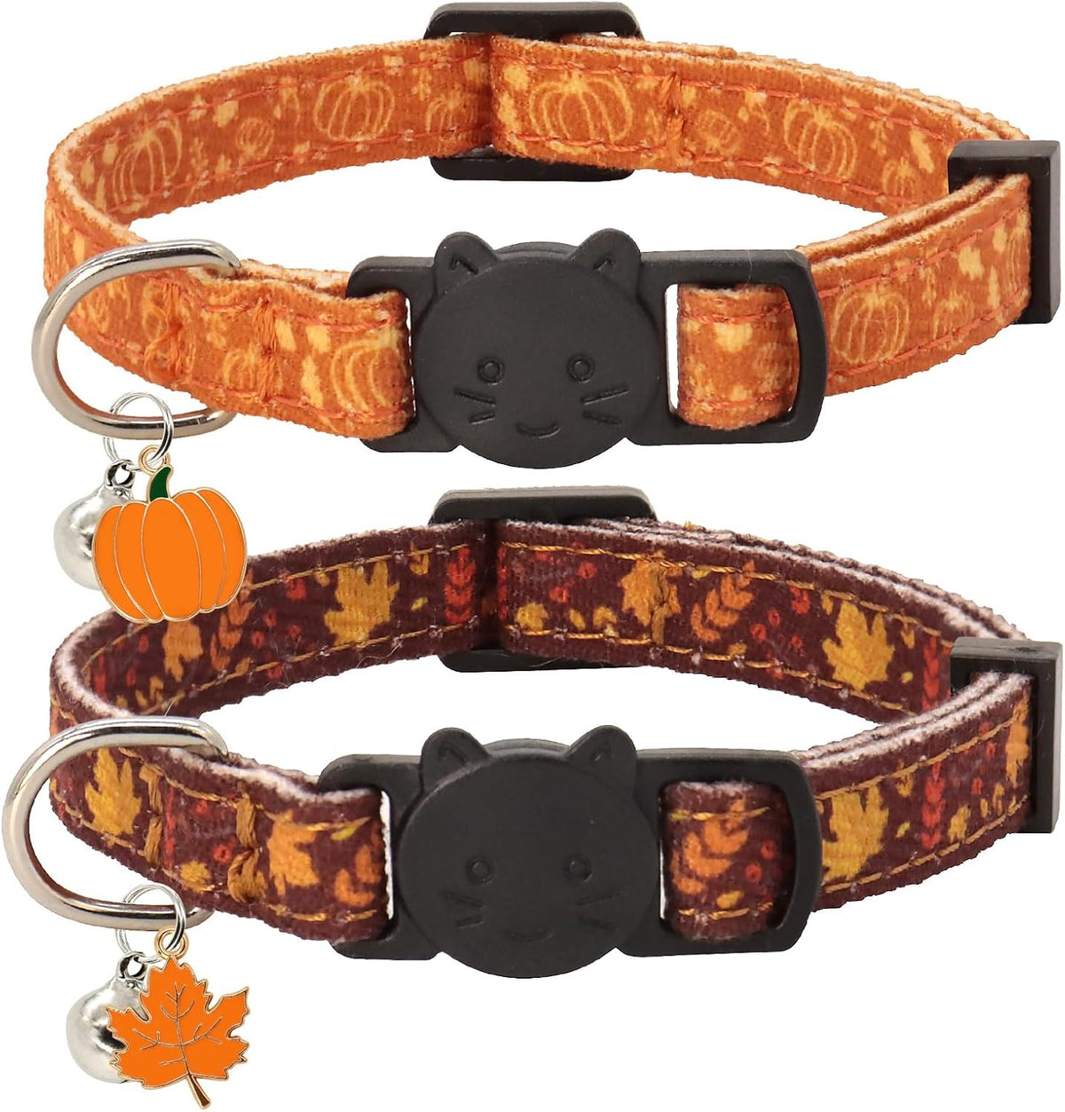 Halloween Cat Collar, Cotton 2 Pack Cat Collar with Bells - Fall / 7-11''