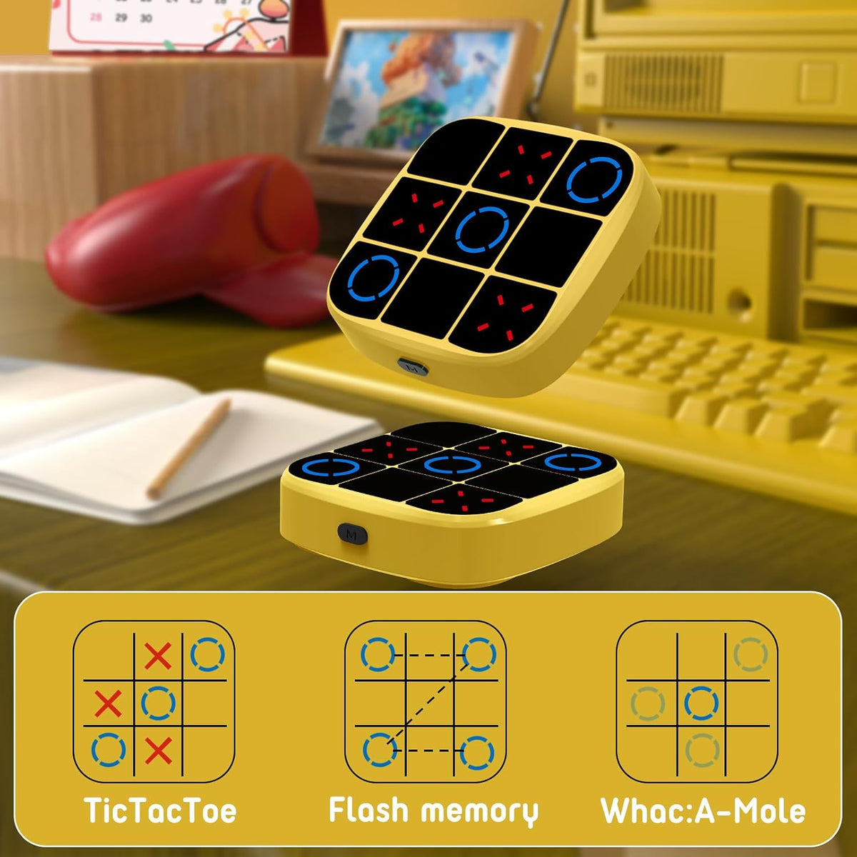 Tic-Tac-Toe Bolt Game, 4-in-1 Handheld Puzzle Games Console, Electronic Tic-Tac-Toe Game - Yellow / M(Classic) - image 3