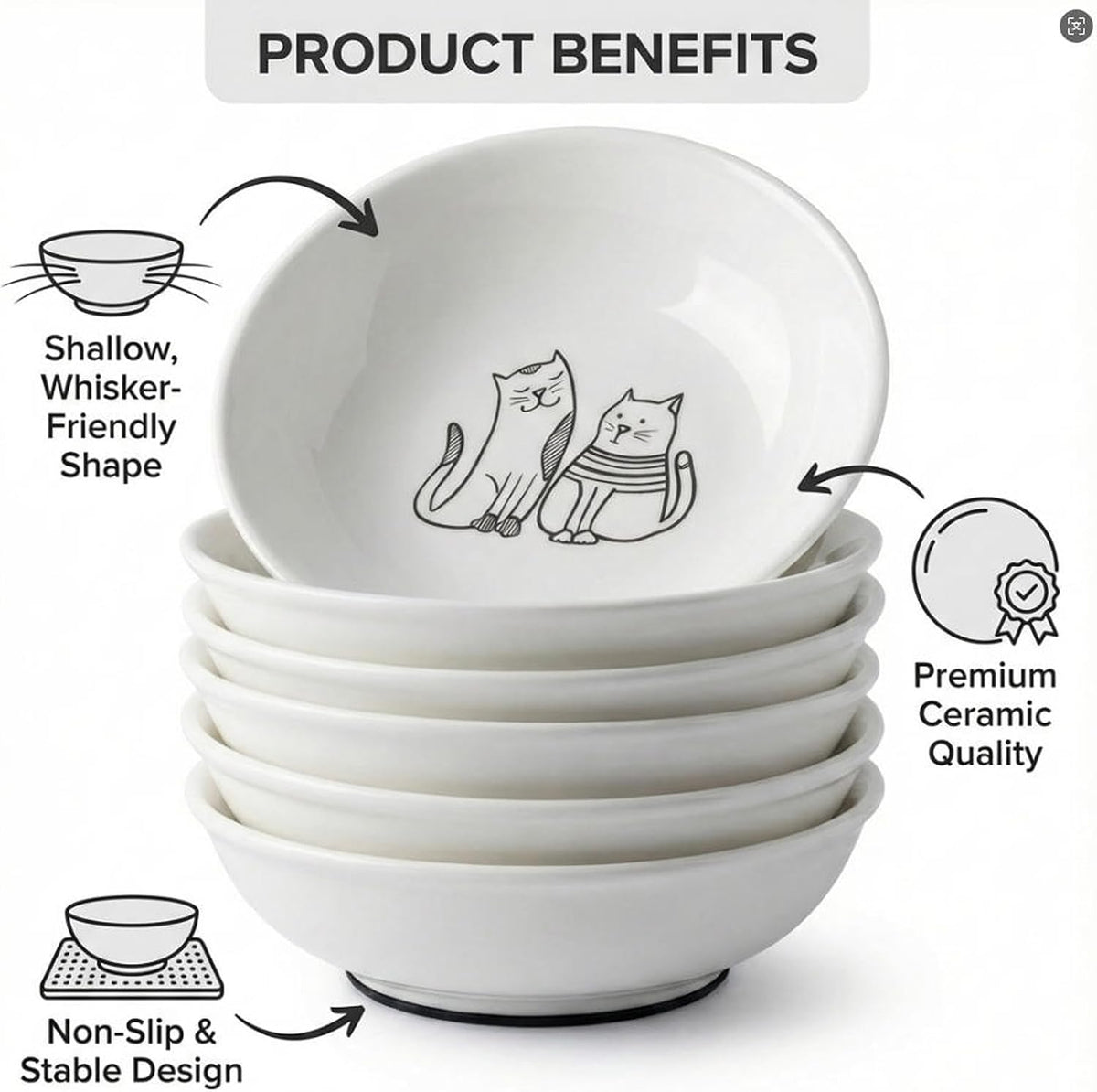 Non-Slip Cat Food Bowls, 6 Pack Whisker-Friendly Ceramic Bowls – Essentials for Cats - cute drawing cat - image 4
