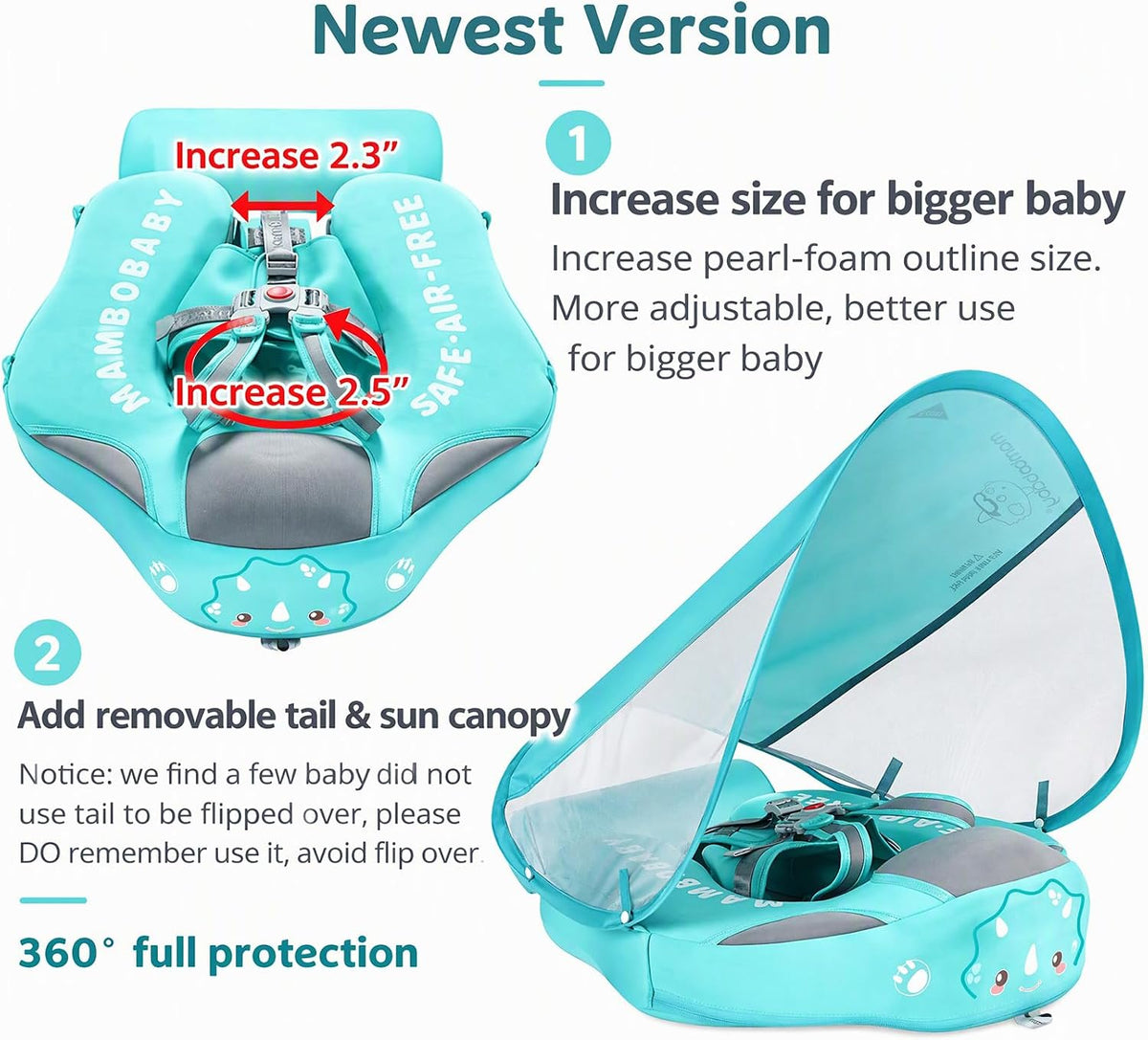 Mambobaby Float with Canopy UPF 50+ and Tail Non-Inflatable Baby Pool - Cloth Dinosaur Green - image 3