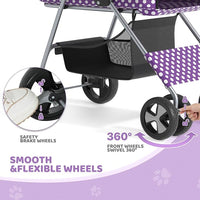 Magshion Foldable Pet Stroller, 3-in-1 Dog Travel Jogger with Detachable Carrier, Cup Holder, Storage Basket, Folding Carrier for Small/Medium Dogs & Cats Up to 33 lbs, Purple Polka Dots