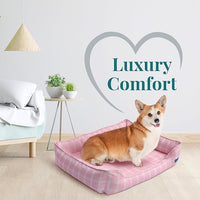 Orthopedic Bolster Dog Bed – CertiPUR-US Foam, Recycled Polyester Canvas, Washable Cover, Anti-Slip Bottom, Small, Pink Check – Stylish Designer Dog Sofa