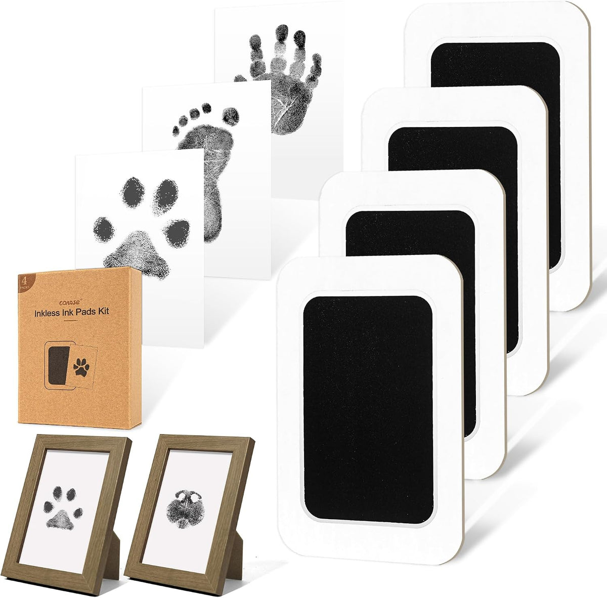 Inkless Paw Print Kit for Dogs, Cats & Babies - Black Pad,Walnut Wood Frame / 4-Pack,Medium