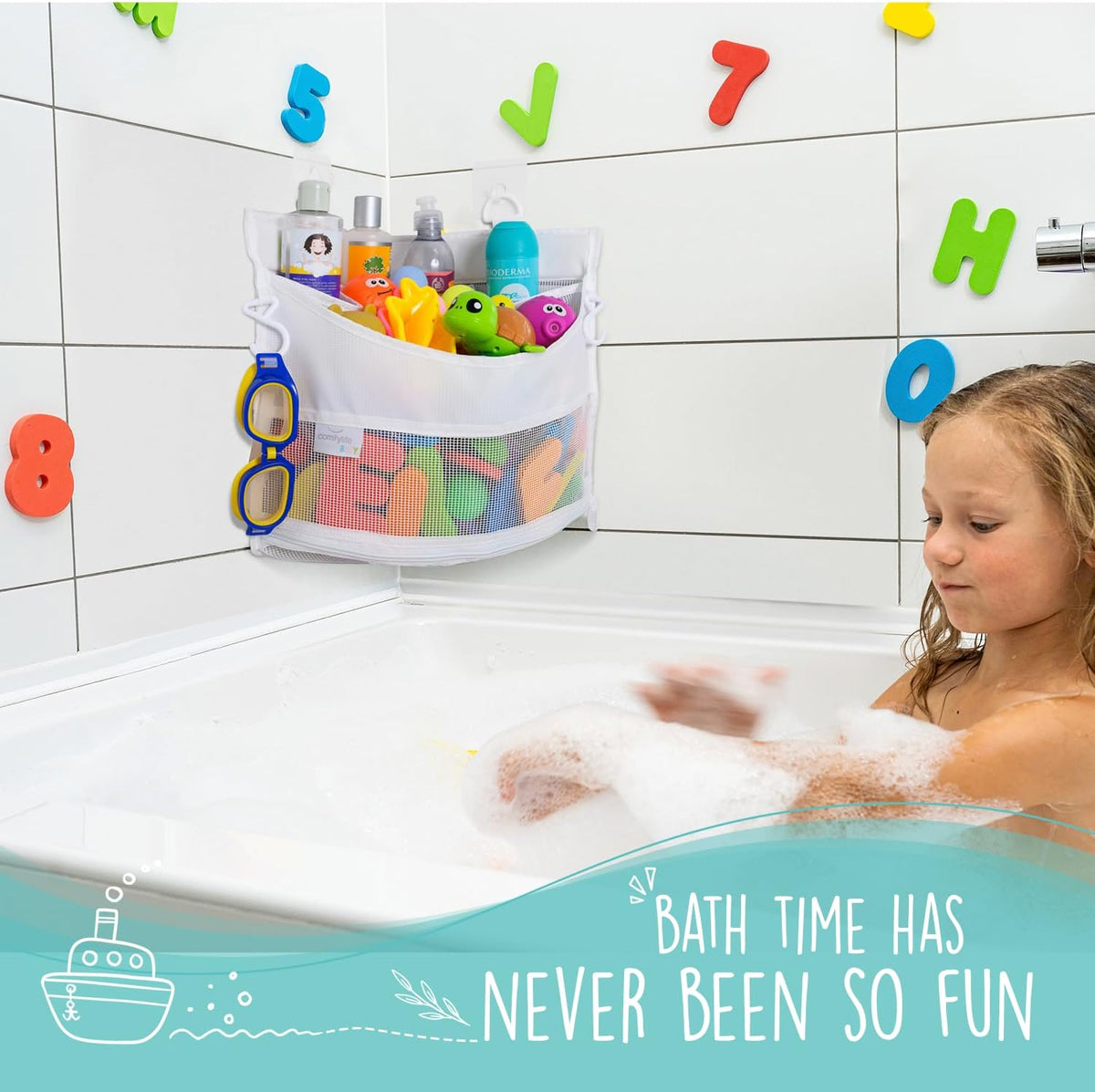 2 x Mesh Bath Toy Organizer + 8 Ultra Strong Hooks - White Corner - image 2