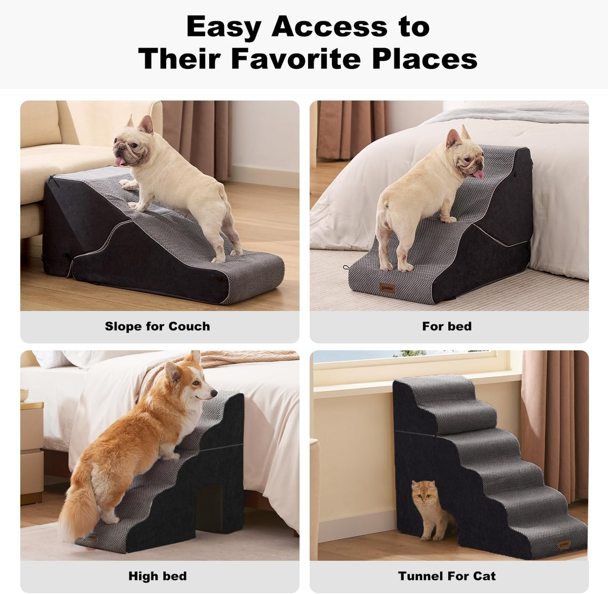 Dog Ramp for Large Dogs with Tunnel, 24" H 5 Steps for High Bed – Essentials for Dogs - 5-Steps Curved / Black Fleece - image 4