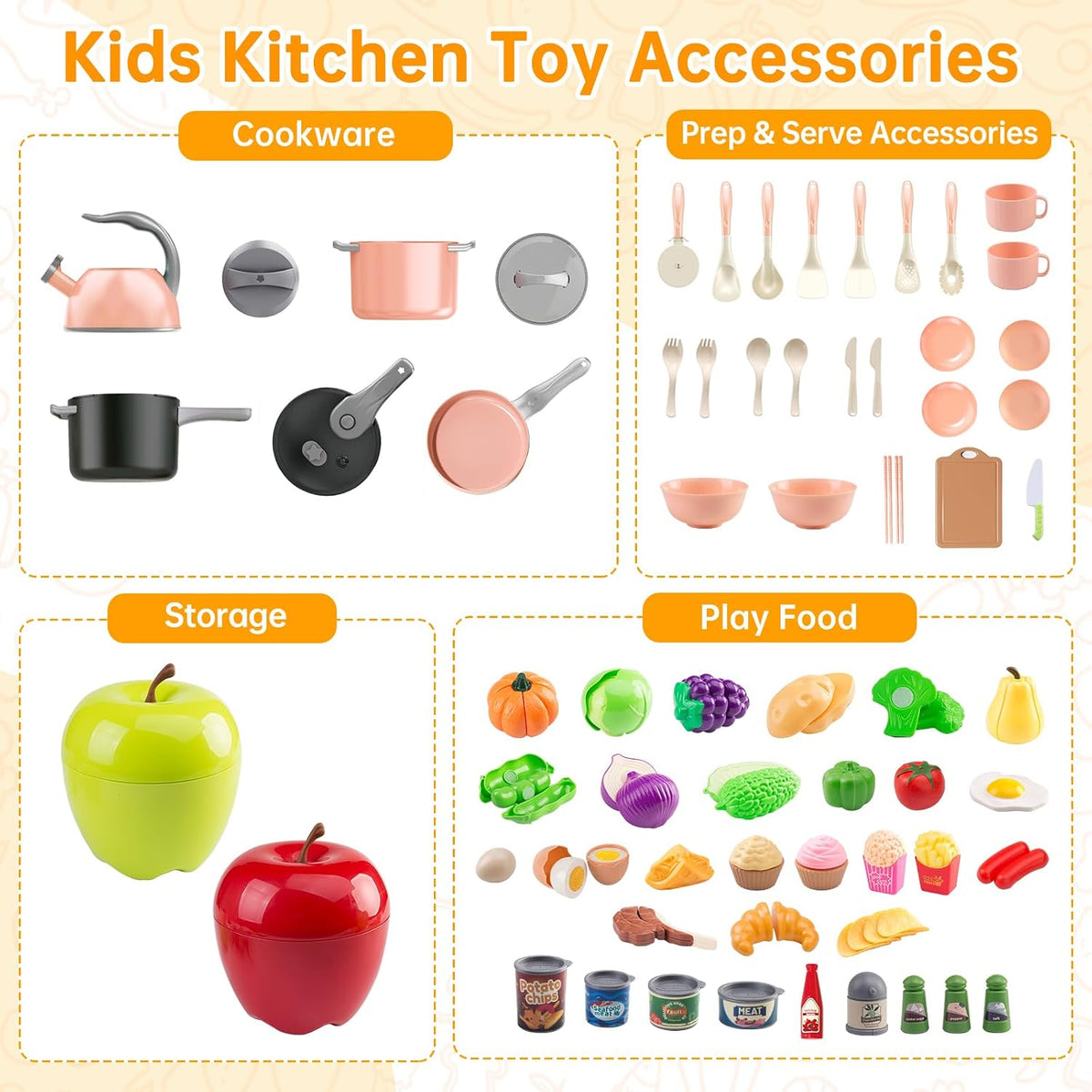 130Pcs Kitchen Playset, Toddler Pretend Cooking Play Pots, Pans - Pink / 100 Pcs - image 3