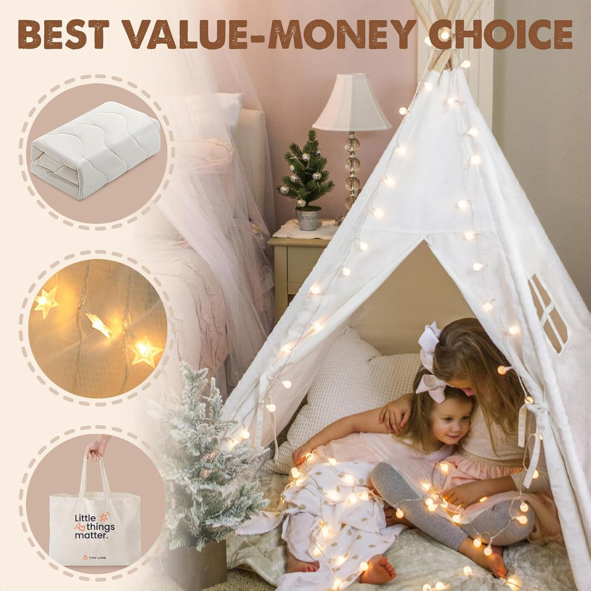 Tiny Land 100% Cotton Canvas Teepee Tent for kids Mat & Star - image 3