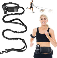 Hands free dog leash with waist belt, bungee line and storage pouch